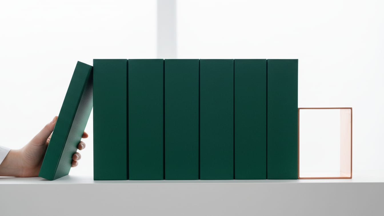Illustration: A row of blank reference books seen from the side on a white shelf with a copper bookend.