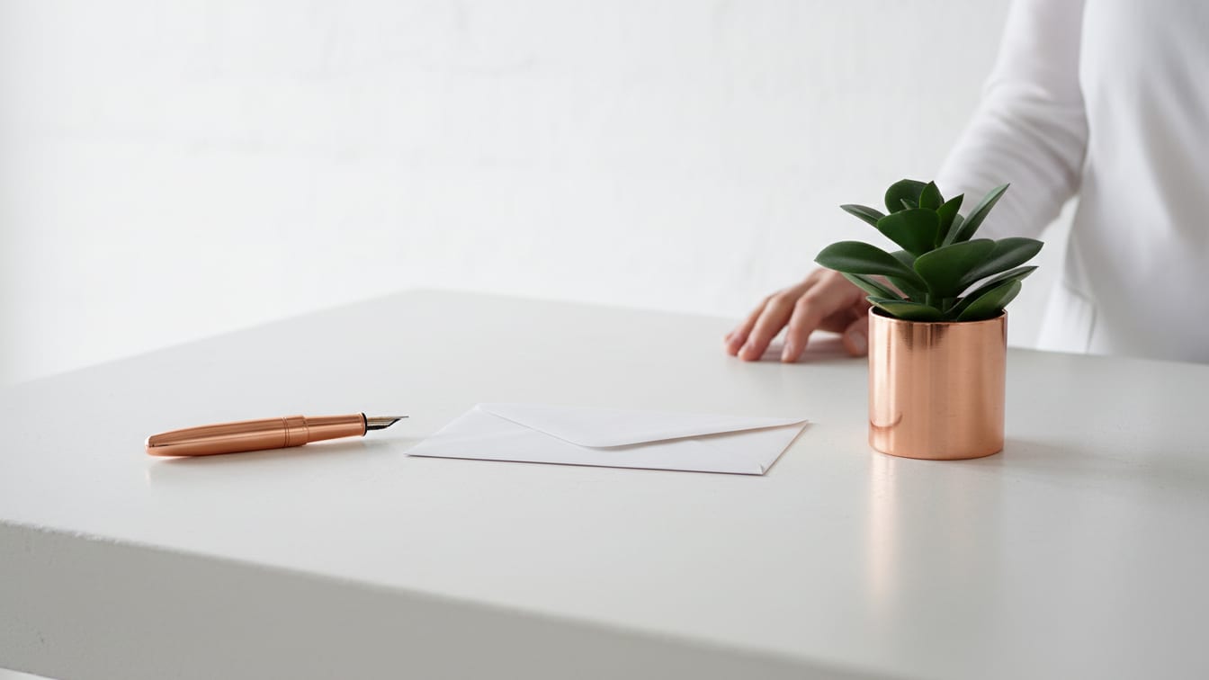 Illustration: A white desk with a fountain pen, a plain envelope and a small green plant.