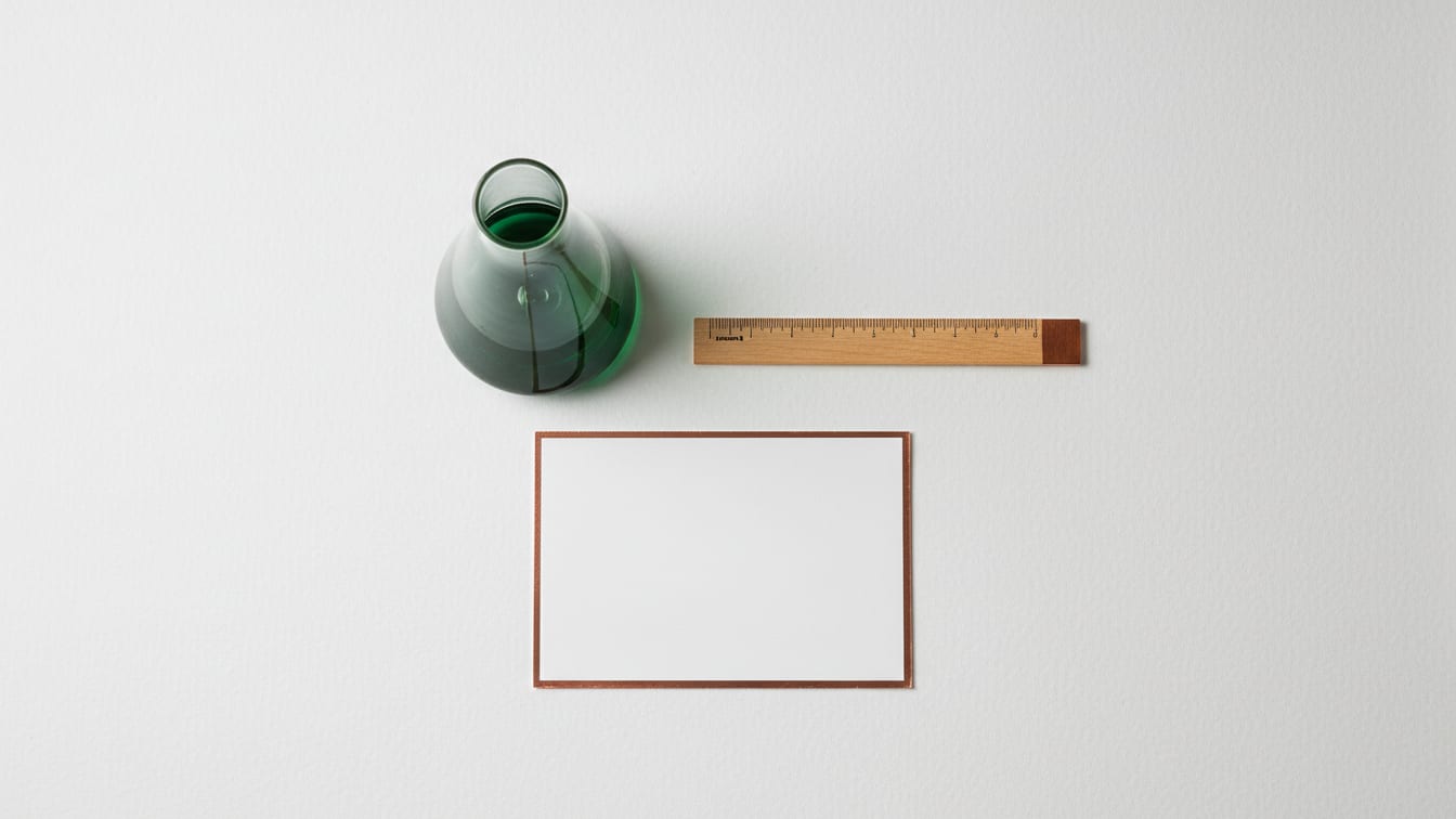 Illustration: A glass flask, a ruler and a blank index card arranged precisely on white paper, top-down.