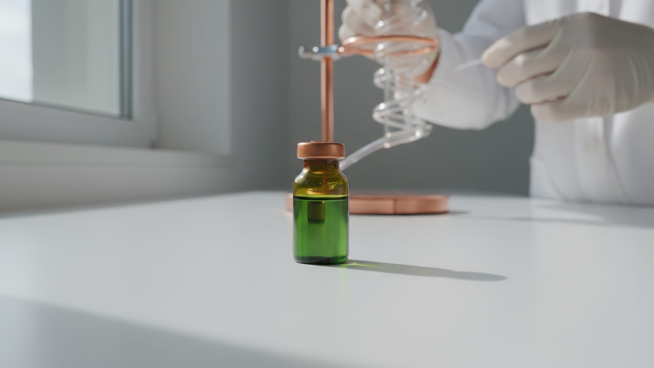 Illustration: A small amber vial on a white lab bench with a soft shadow.