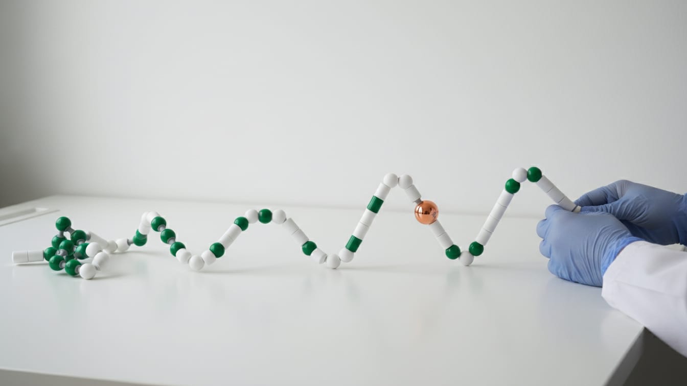 Illustration: A molecular model of a peptide chain in white, green, and copper on a white desk.