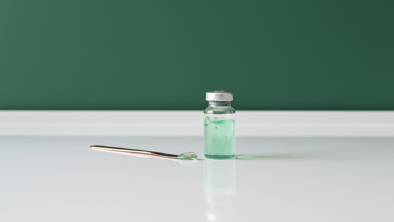 Illustration: A clear glass vial with pale green gel and a copper spatula on a white lab bench.