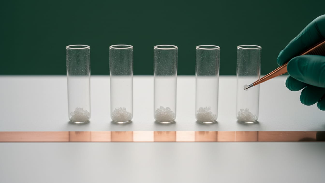 Illustration: Five clear glass microcentrifuge tubes with off-white powder on a white surface.
