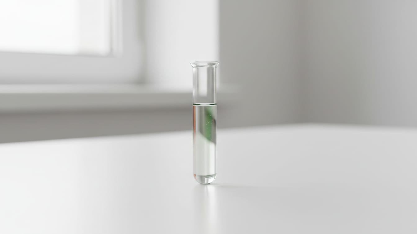Illustration: A single upright glass test tube of clear liquid with a faint green and copper swirl, on a white bench beside a bright window.