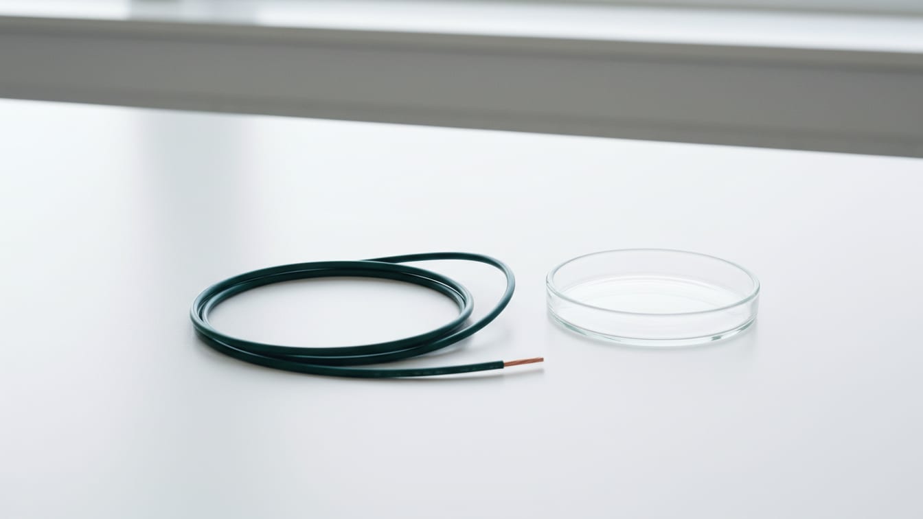 Illustration: A single, deep green copper wire coiled loosely on a white lab bench.