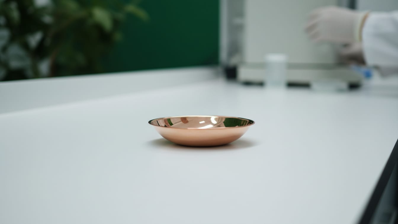 Illustration: An empty copper weighing boat on a white lab bench with a subtle green background.