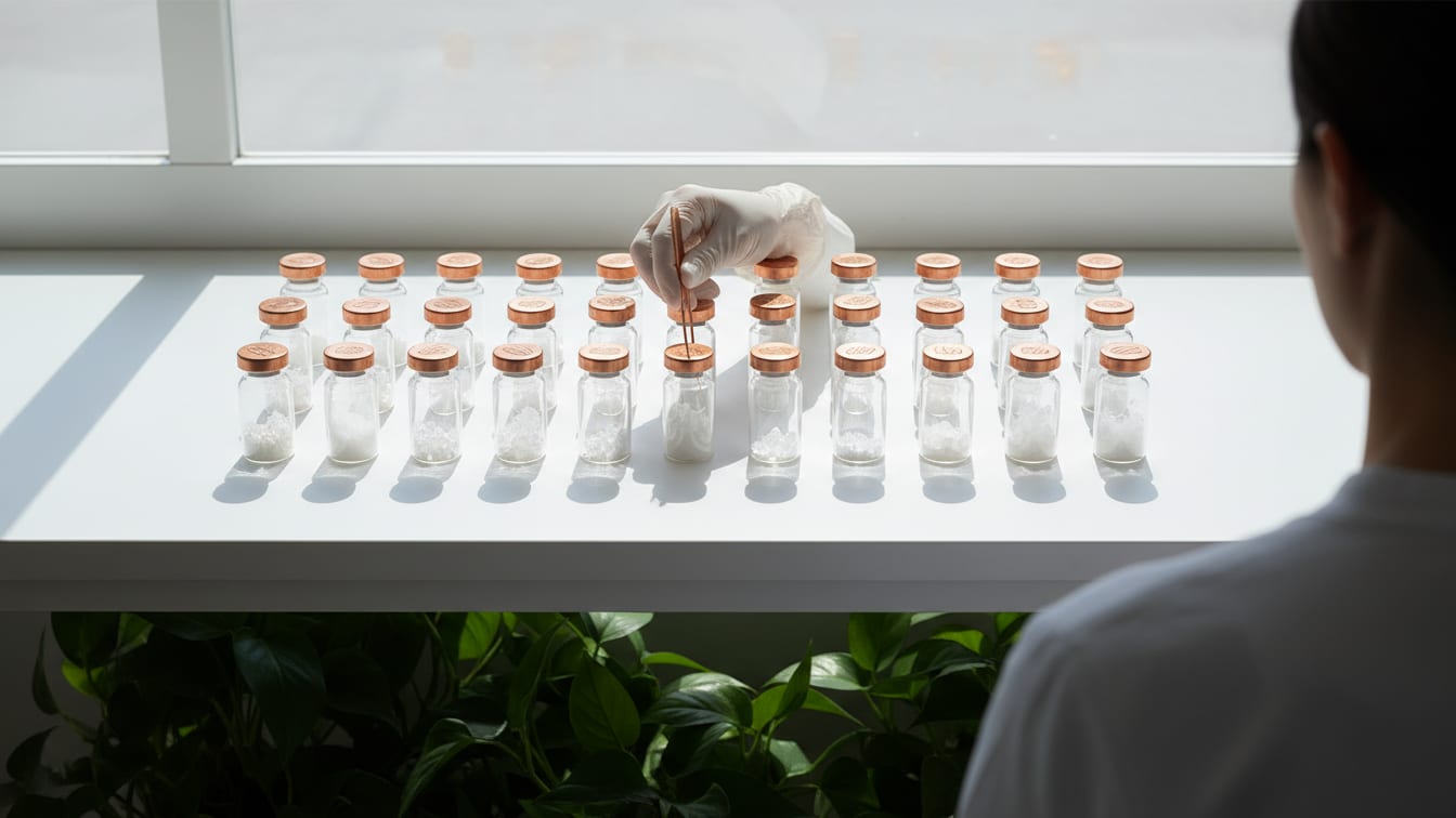 Illustration: Twenty identical clear glass vials, each with a distinct colorless amino acid powder.