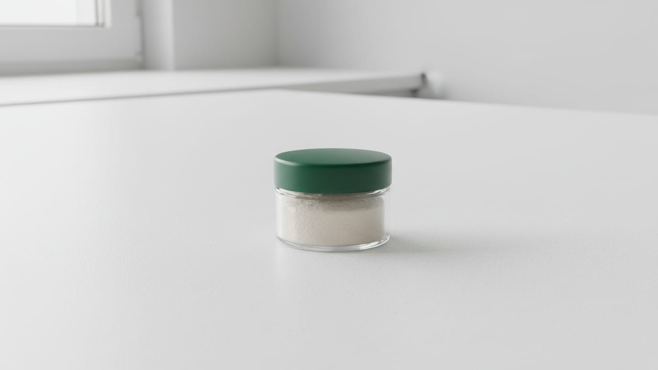Illustration: A small, clear glass jar of off-white paste with a deep green lid on a white lab bench.