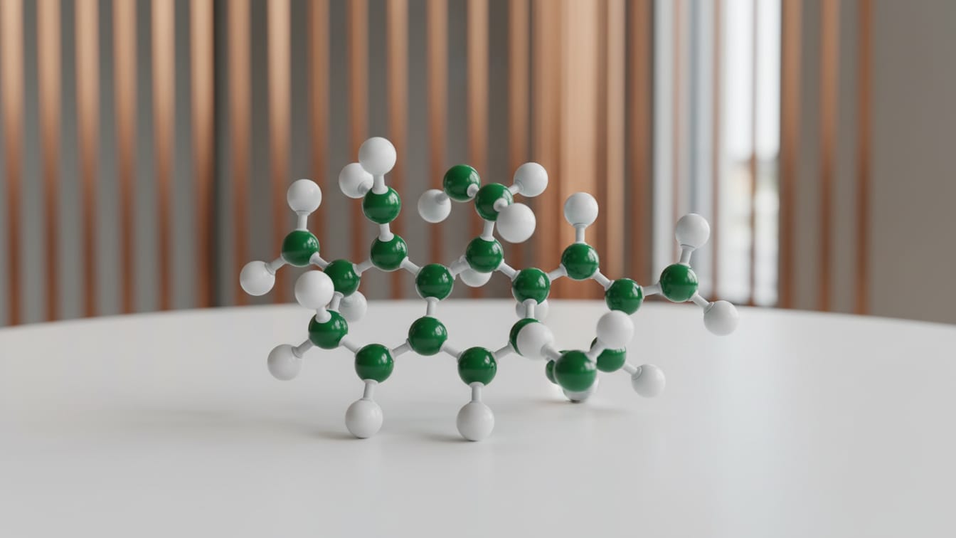 Illustration: A 37-segment molecular model in white and deep green on a white surface with copper reflections.