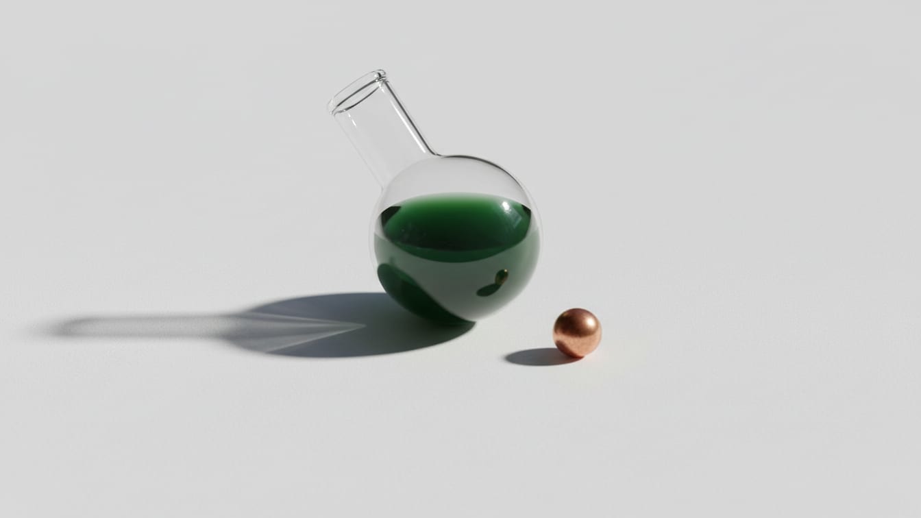 Illustration: A clear glass flask, tilted, on a white surface with a copper sphere and green reflection.