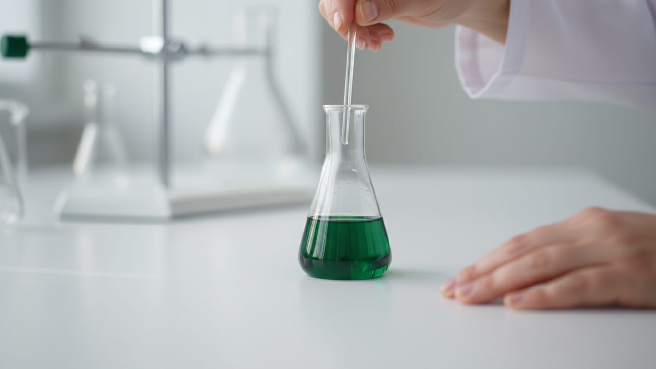 Illustration: A clear glass volumetric flask with deep green liquid on a white lab bench, copper reflections.