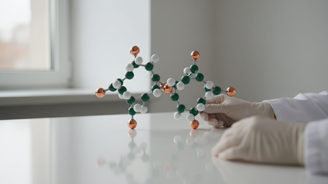 Illustration: A detailed molecular model of an antibody on a white desk with green and copper accents.