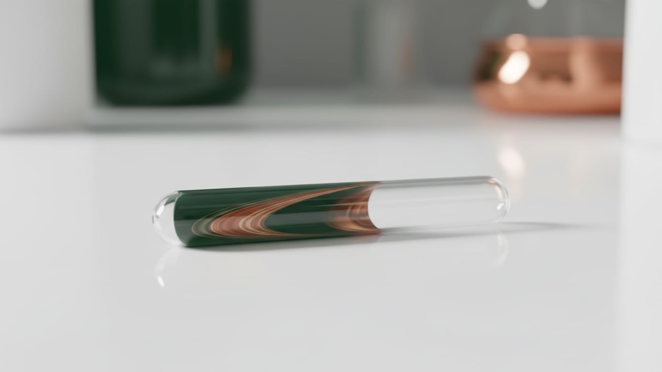 Illustration: A glass tube lying on its side on a white bench, half filled with a dark green and copper swirl, a copper dish blurred behind.