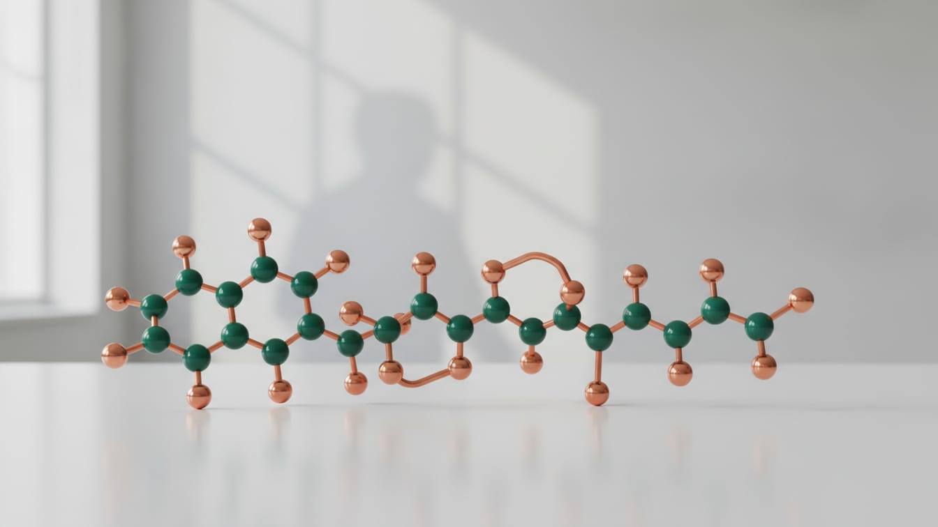 Illustration: A molecular model of acetyl hexapeptide-8 in deep green and copper on a white surface.