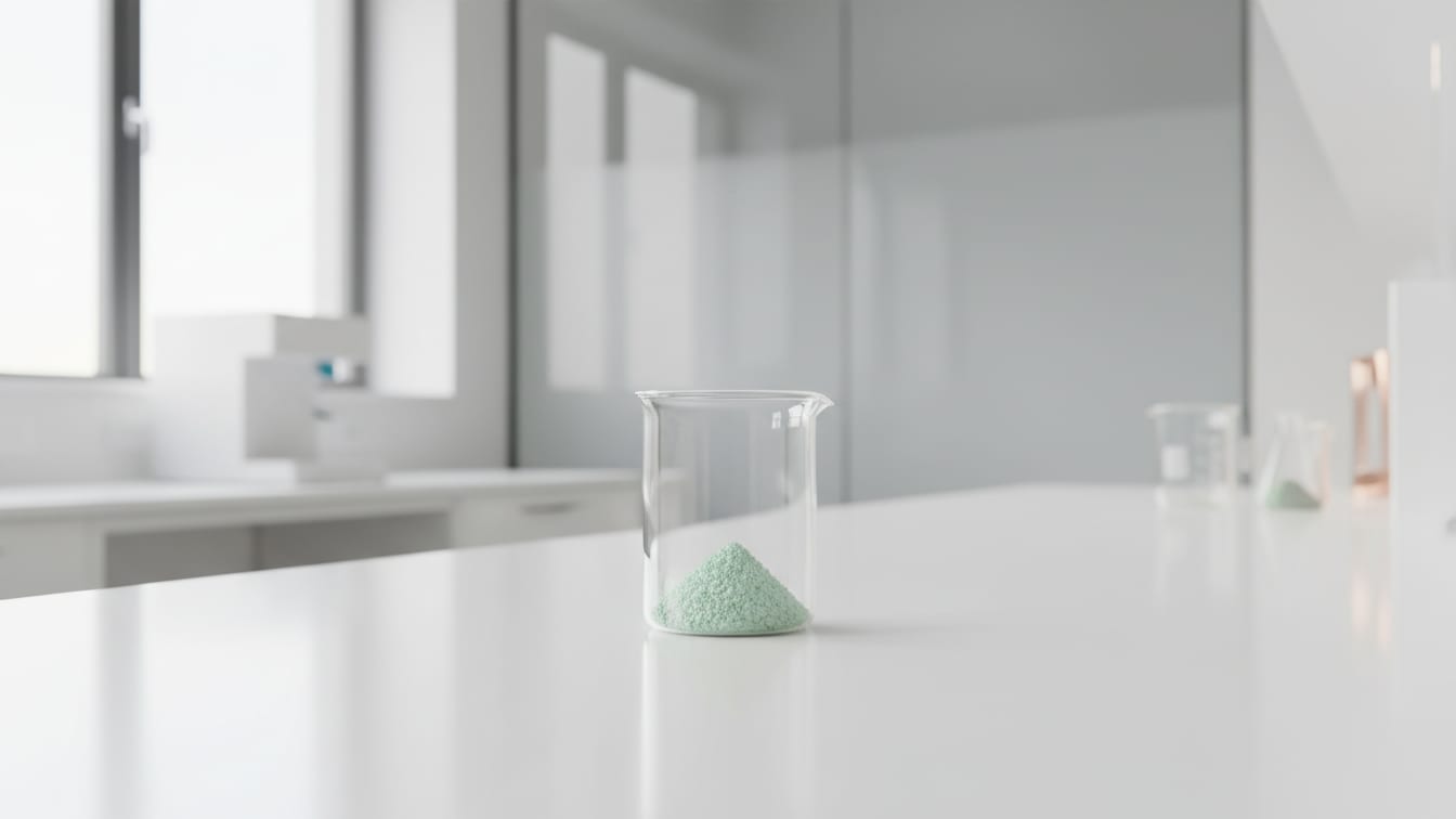 Illustration: A clear glass beaker with pale green crystalline powder on a white lab bench, copper reflections.