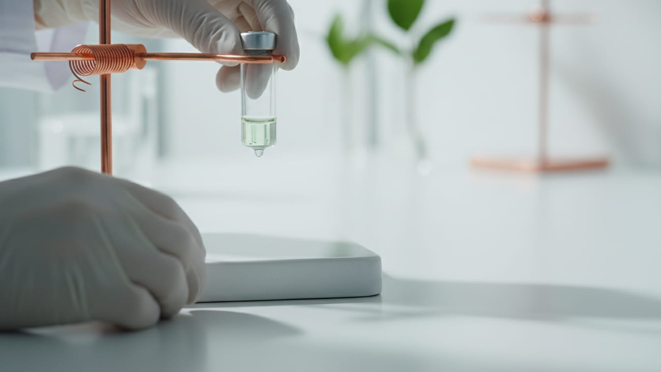 Illustration: A small, clear glass vial with pale green liquid on a white surface.