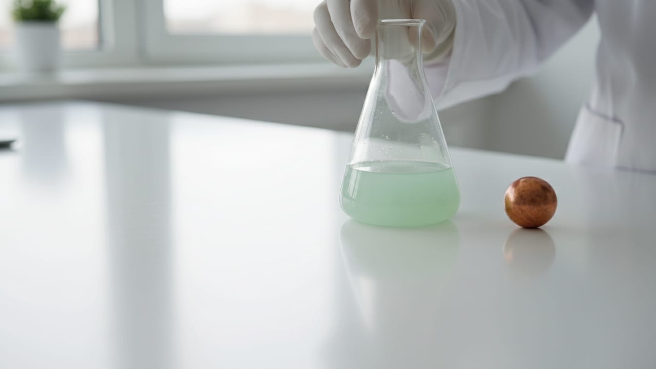 Illustration: A clear glass flask with pale green liquid on a white lab bench, next to a copper sphere.