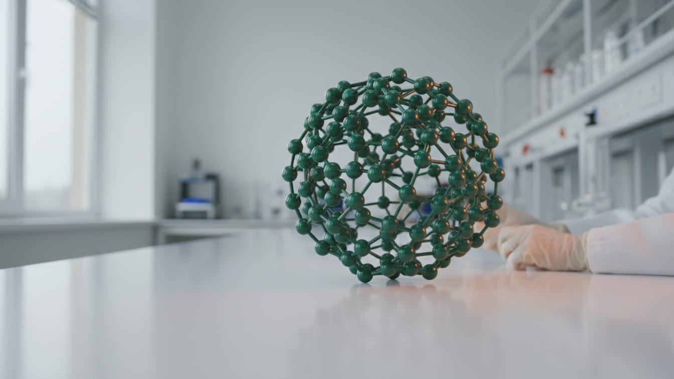 Illustration: A large deep green molecular model sphere on a white lab bench with subtle copper reflections.