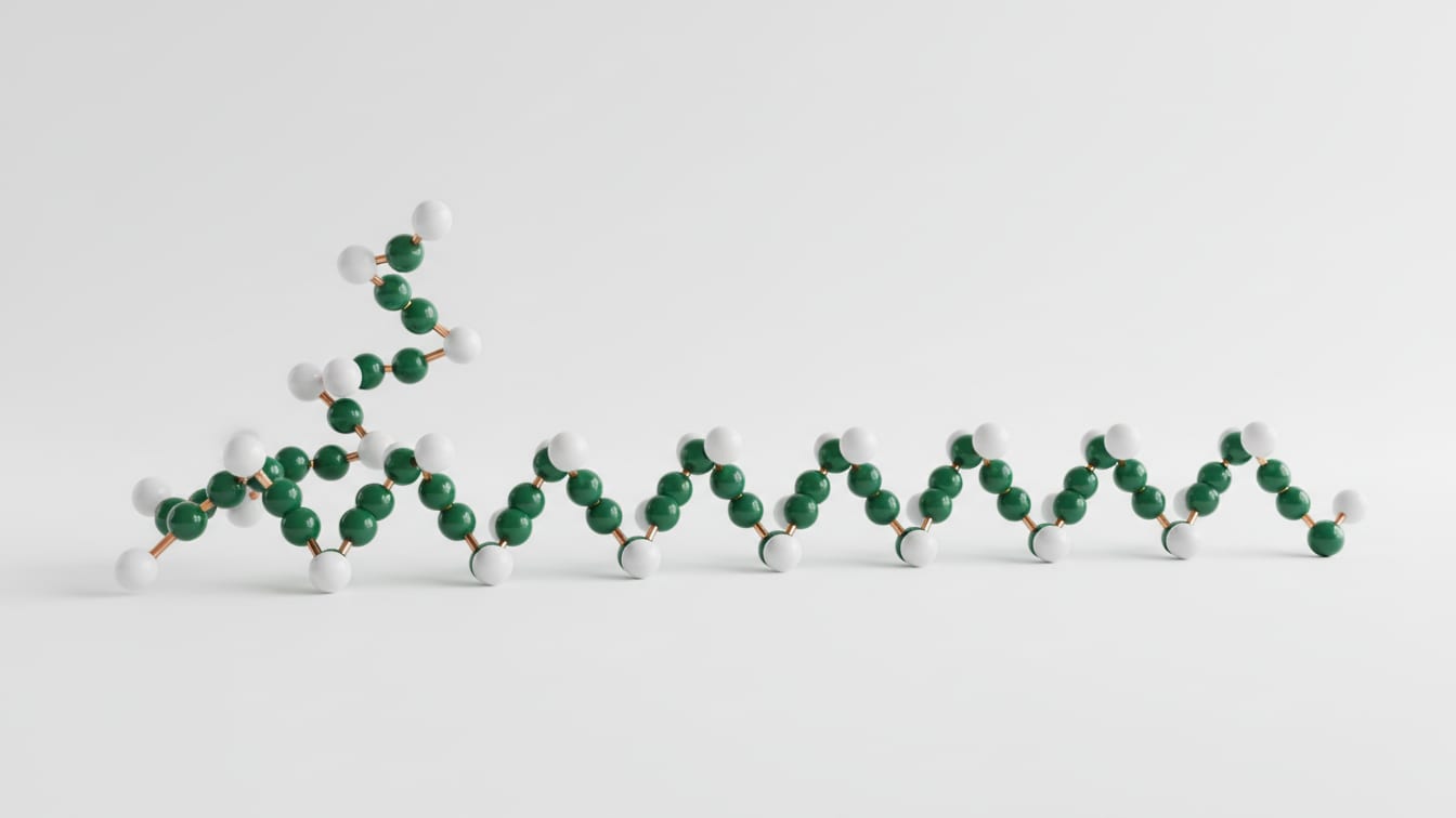 Illustration: A coiled molecular model in white and deep green on a white surface, with copper reflections.