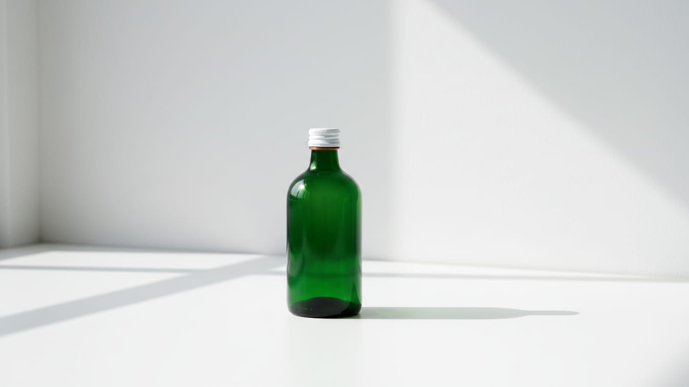 Illustration: A deep green glass bottle with a white cap on a white surface.