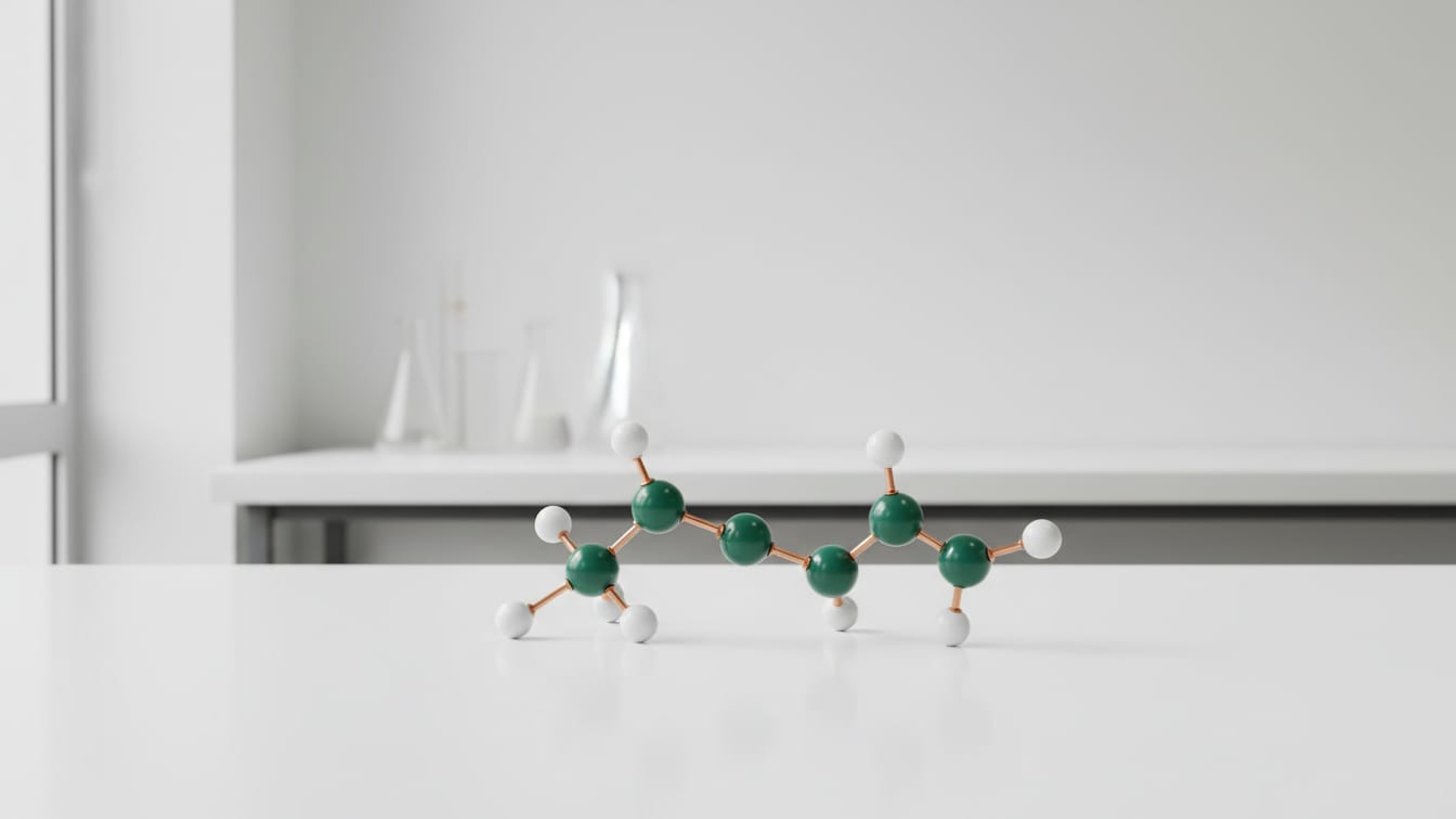 Illustration: A molecular model of bortezomib in deep green and white on a clean white lab bench.