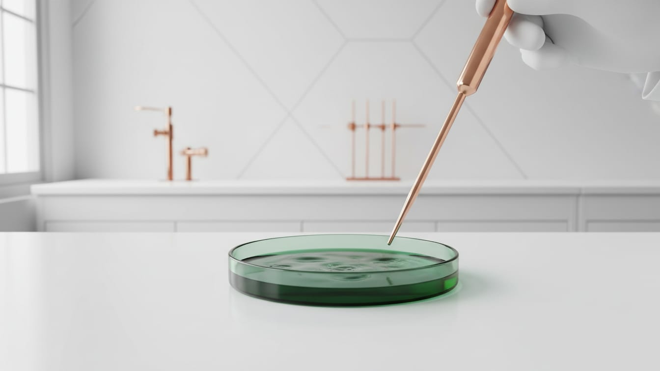 Illustration: A deep green petri dish with a clear liquid culture on a white lab bench.