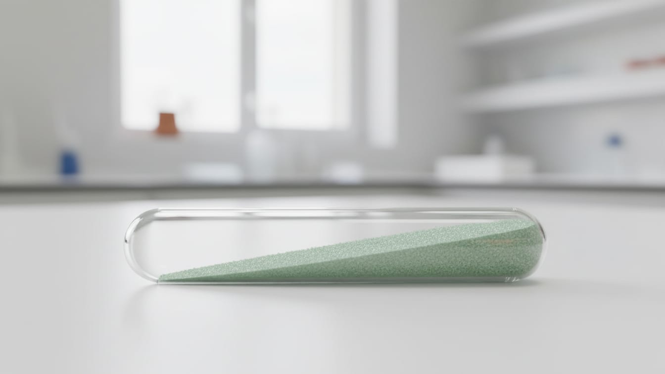 Illustration: A clear glass microcentrifuge tube with pale green crystalline powder on a white lab bench.