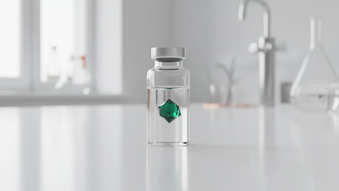 Illustration: A clear glass vial with a deep green crystal on a white lab bench, with a subtle copper reflection.