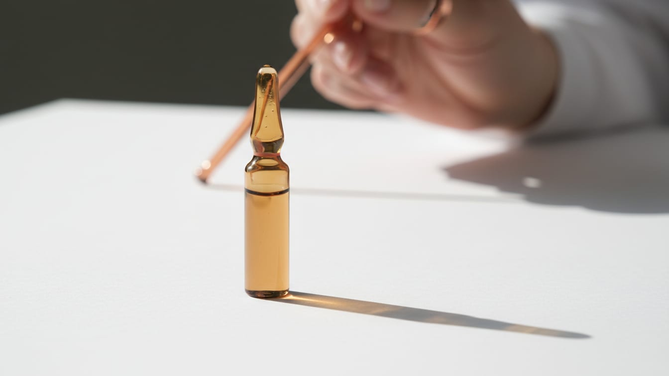 Illustration: A deep green glass ampoule on a white surface with soft, even lighting.