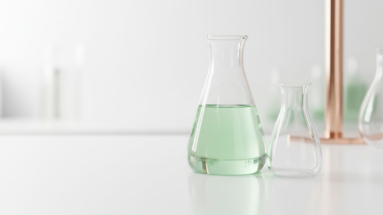 Illustration: Two clear glass beakers, one with pale green liquid, on a white surface with copper reflections.