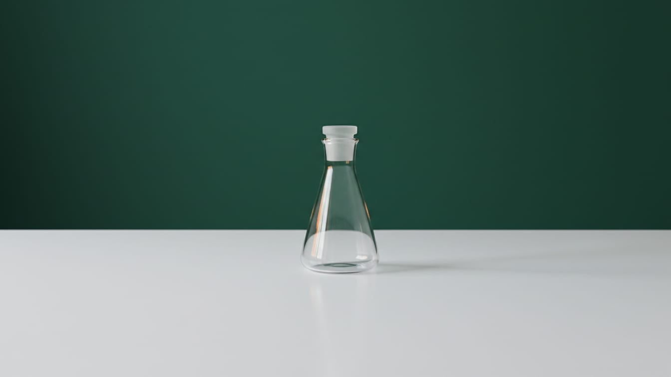 Illustration: An empty, clear glass Erlenmeyer flask with a stopper on a white lab bench, with green and copper accents.