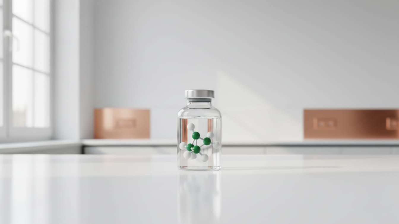 Illustration: A clear glass vial holds a four-unit molecular model on a white lab bench with copper.