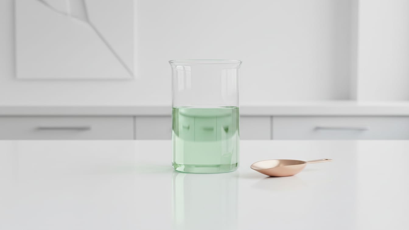 Illustration: A clear beaker with pale green liquid sits on a white lab bench with a copper scoop.