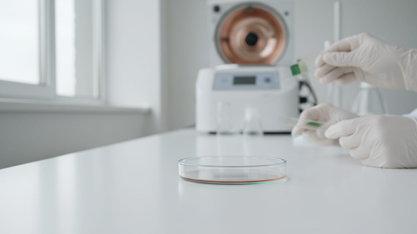 Illustration: An empty cell culture petri dish on a white lab bench with a subtle green reflection.