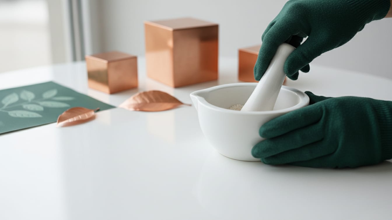 Illustration: A white mortar and pestle with a light powder, on a white surface.