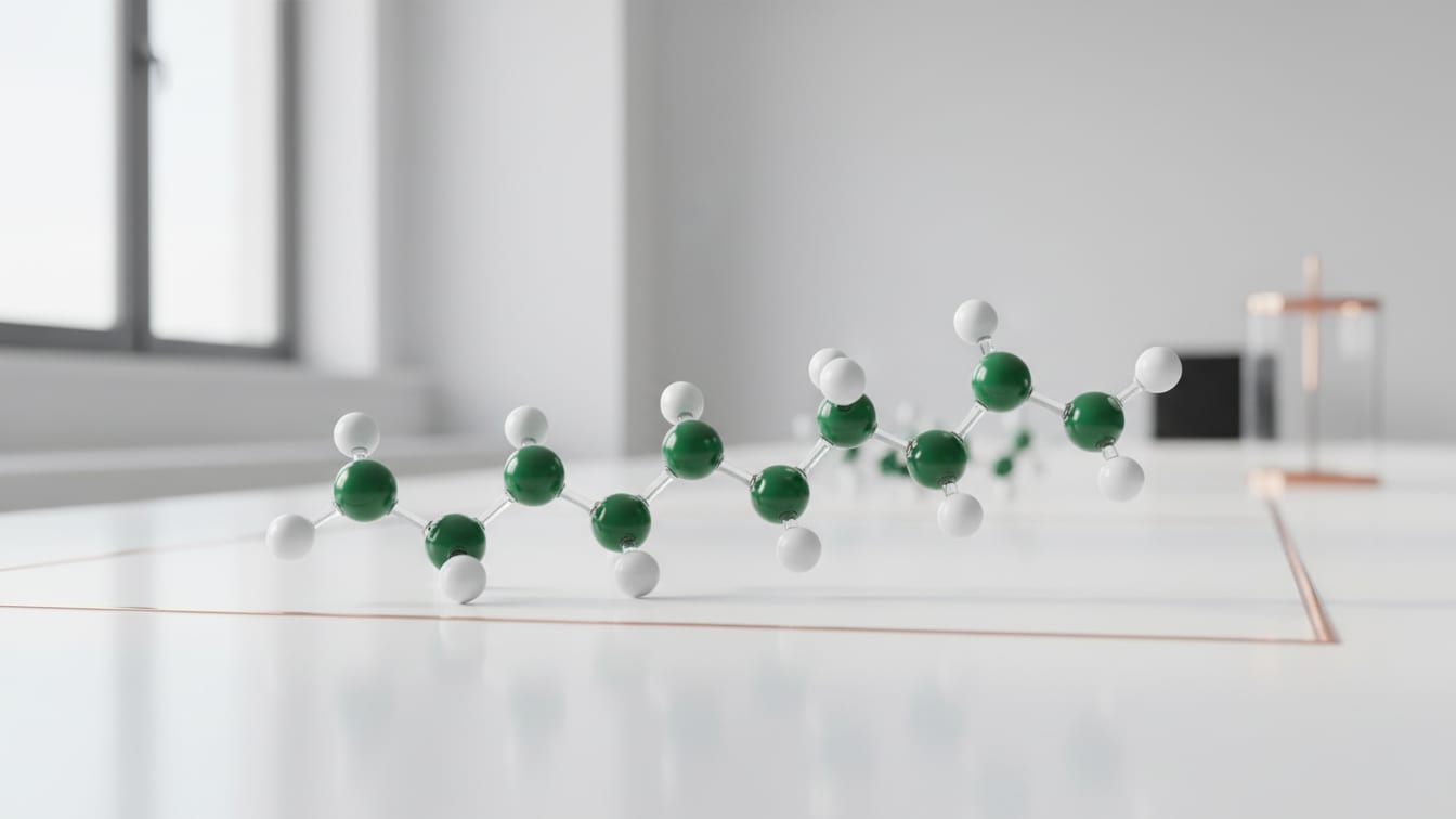 Illustration: An abstract molecular model of a peptide chain in white and deep green on a white surface.