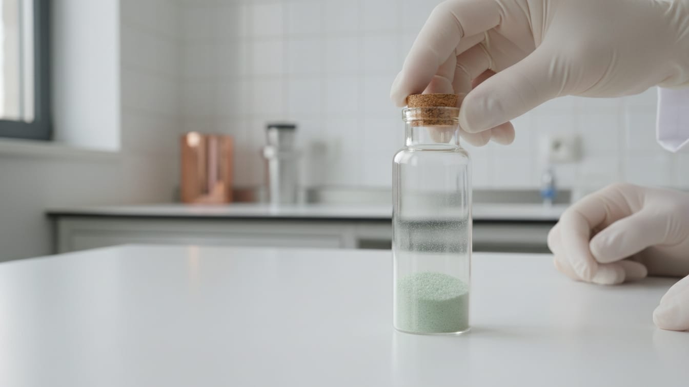 Illustration: A clear glass vial with pale green crystalline powder on a white lab bench with copper reflection.