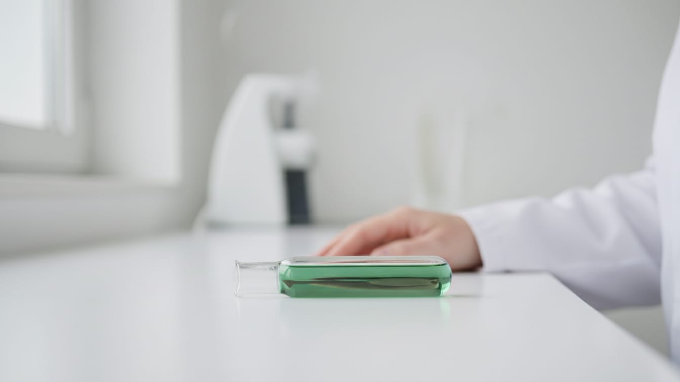 Illustration: A clear glass test tube with a pale green solution on a white lab bench, with a copper reflection.