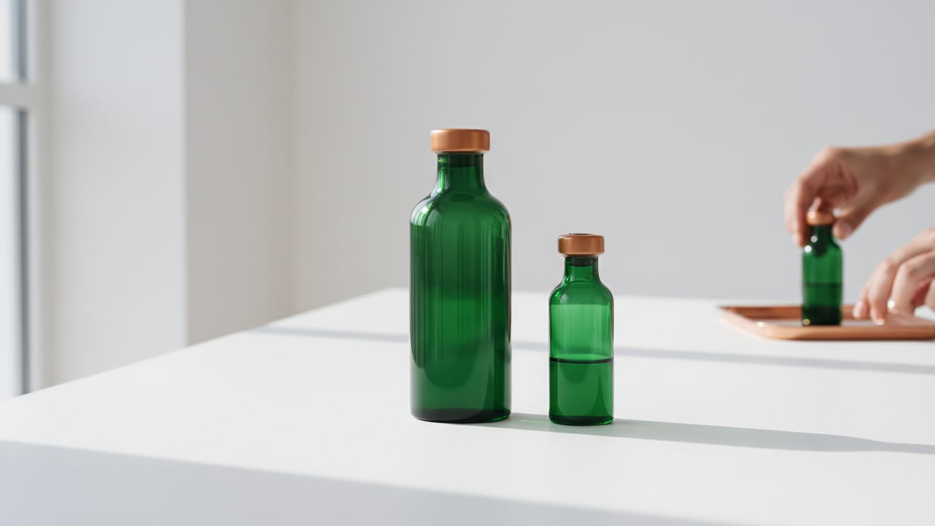 Illustration: Two deep green glass vials of different sizes side-by-side on a white surface.
