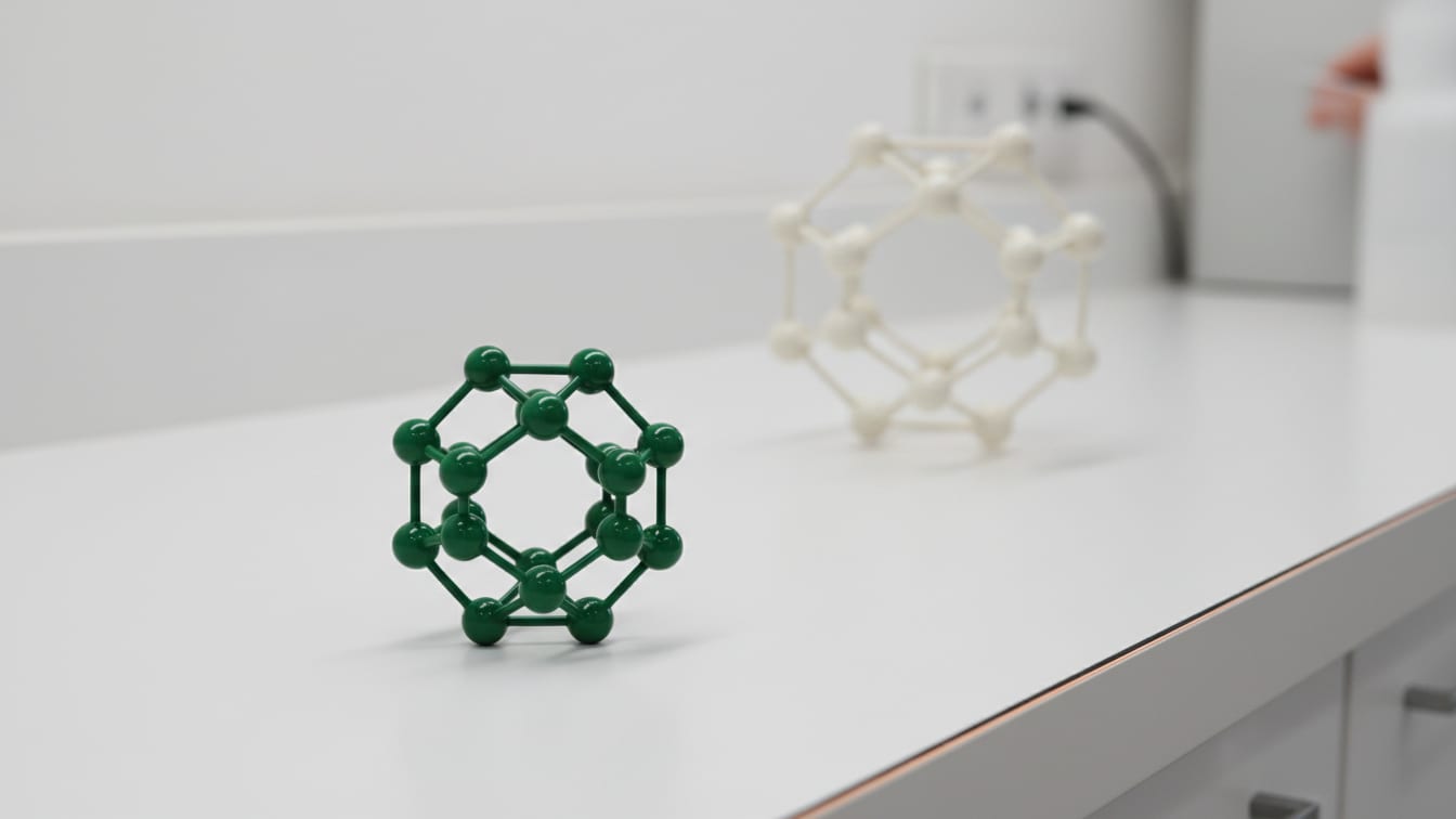 Illustration: A deep green molecular model sphere in the foreground, with a white sphere behind it.
