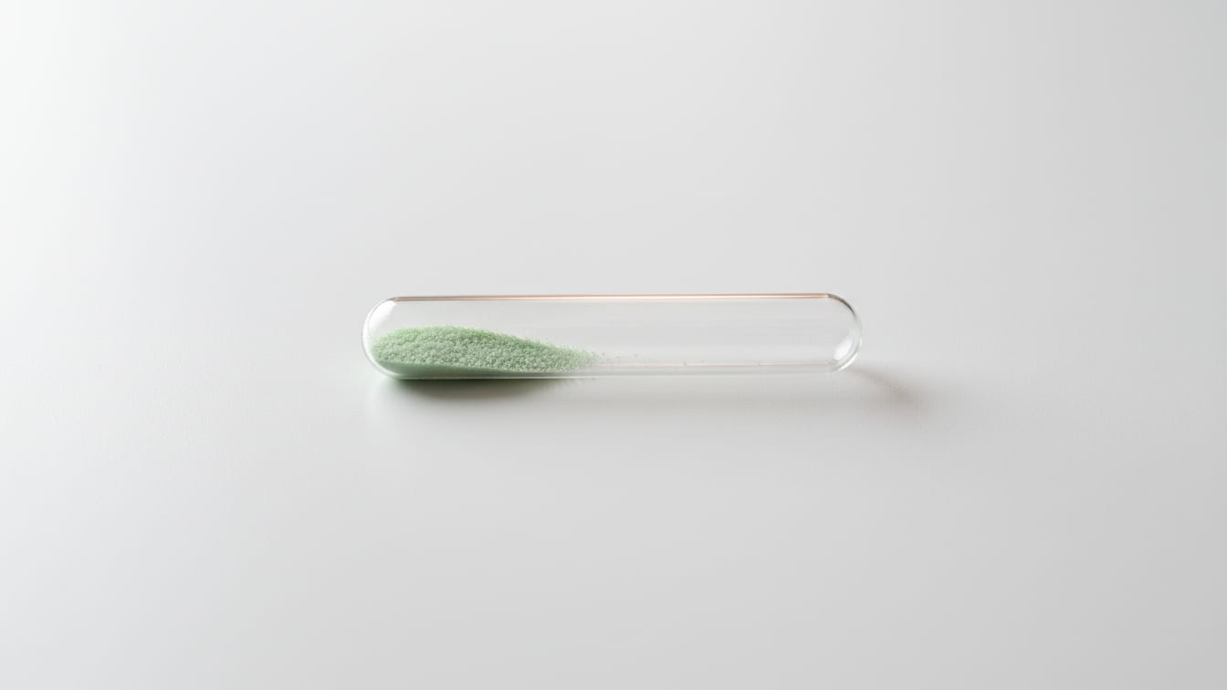 Illustration: A clear glass test tube with pale green powder on a white surface with a copper reflection.