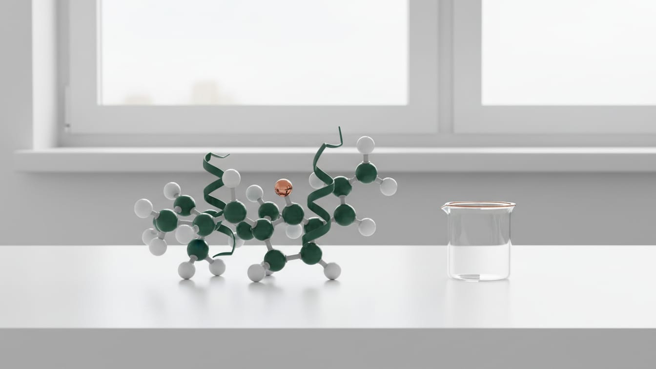 Illustration: A molecular model of a 24-residue peptide on a white lab bench with a copper-accented beaker.