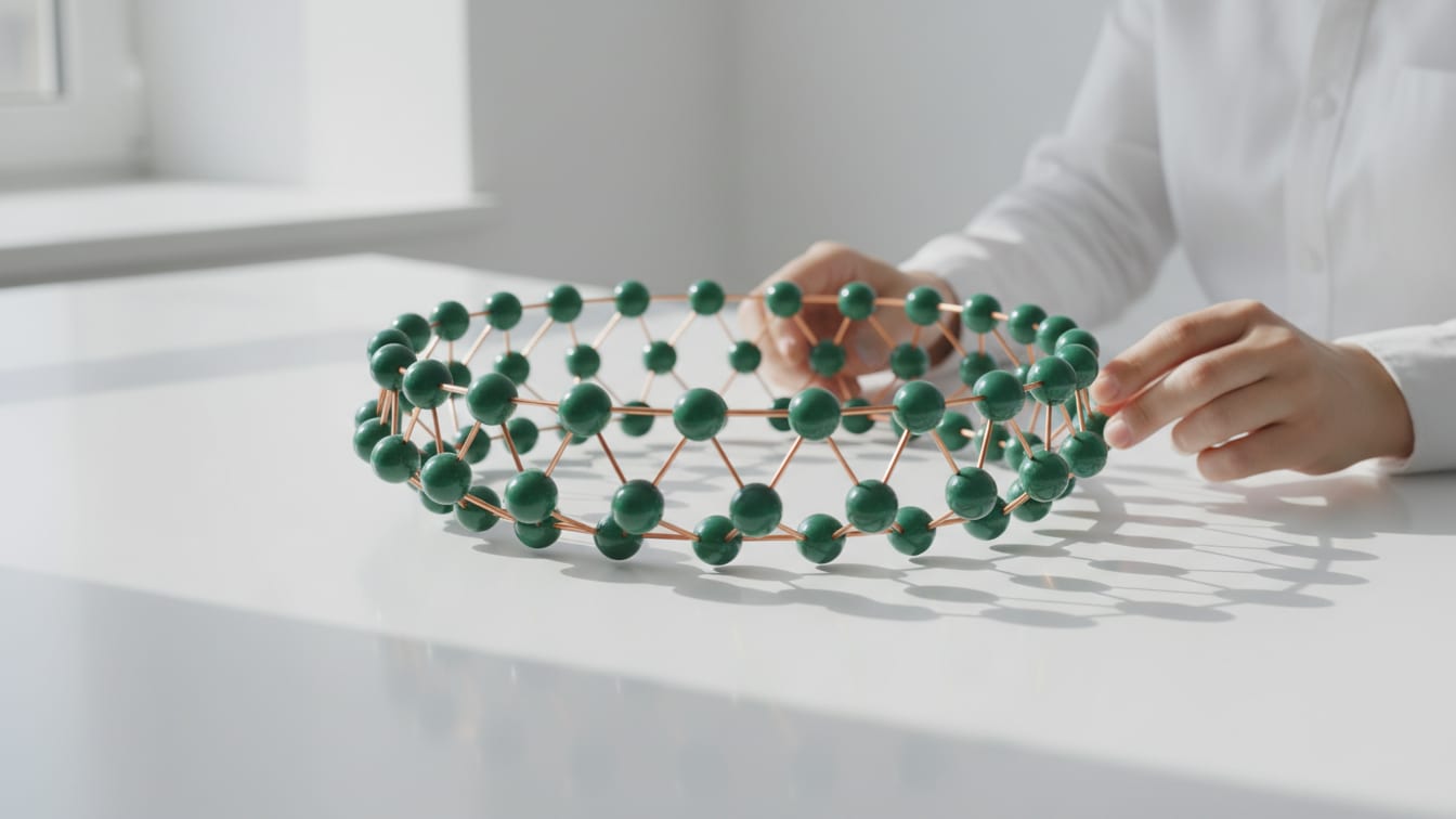 Illustration: A ring-shaped molecular model with green, white, and copper elements on a white surface.