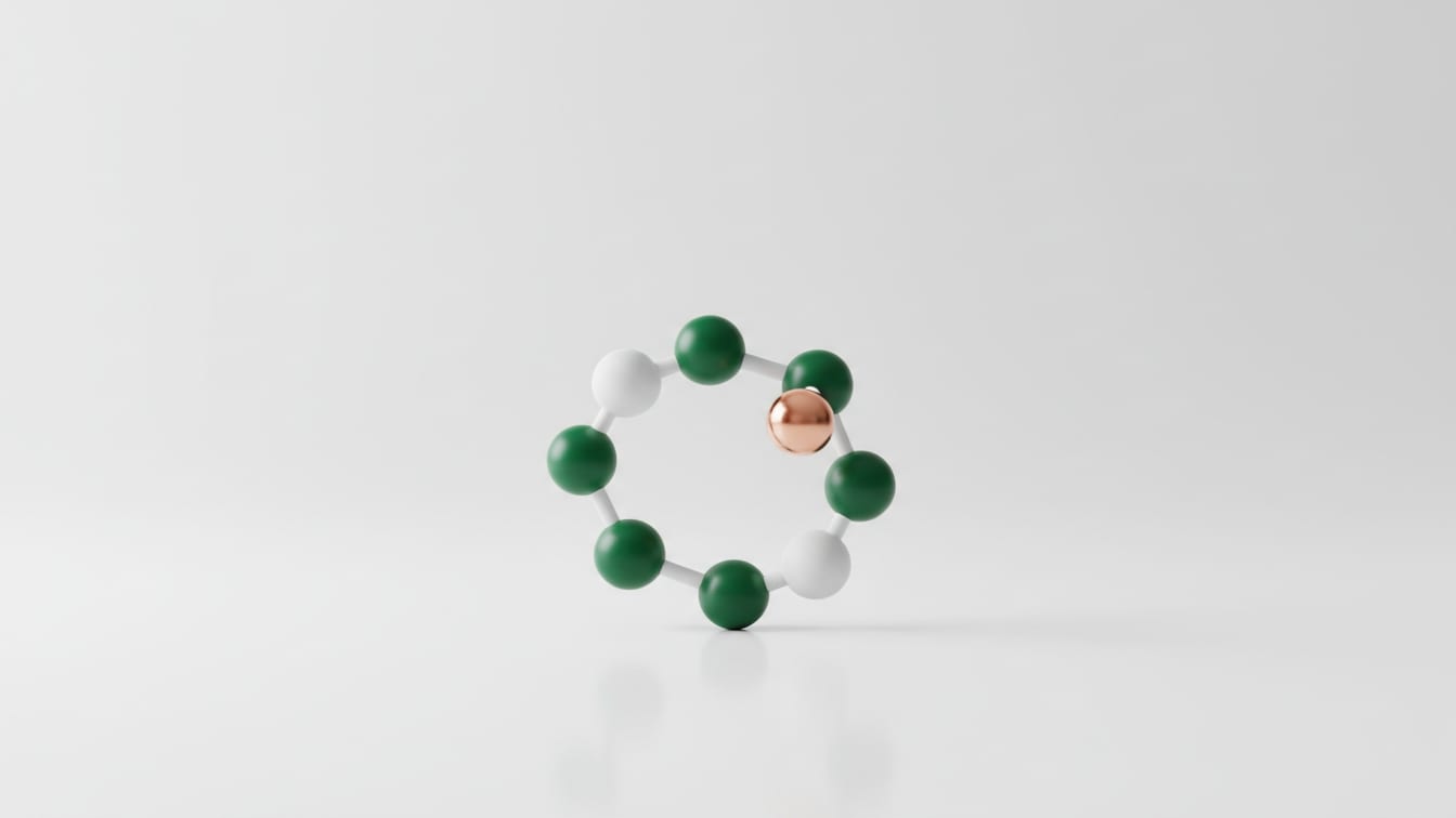 Illustration: An abstract molecular model of a cyclic peptide in white, deep green, and a copper accent.