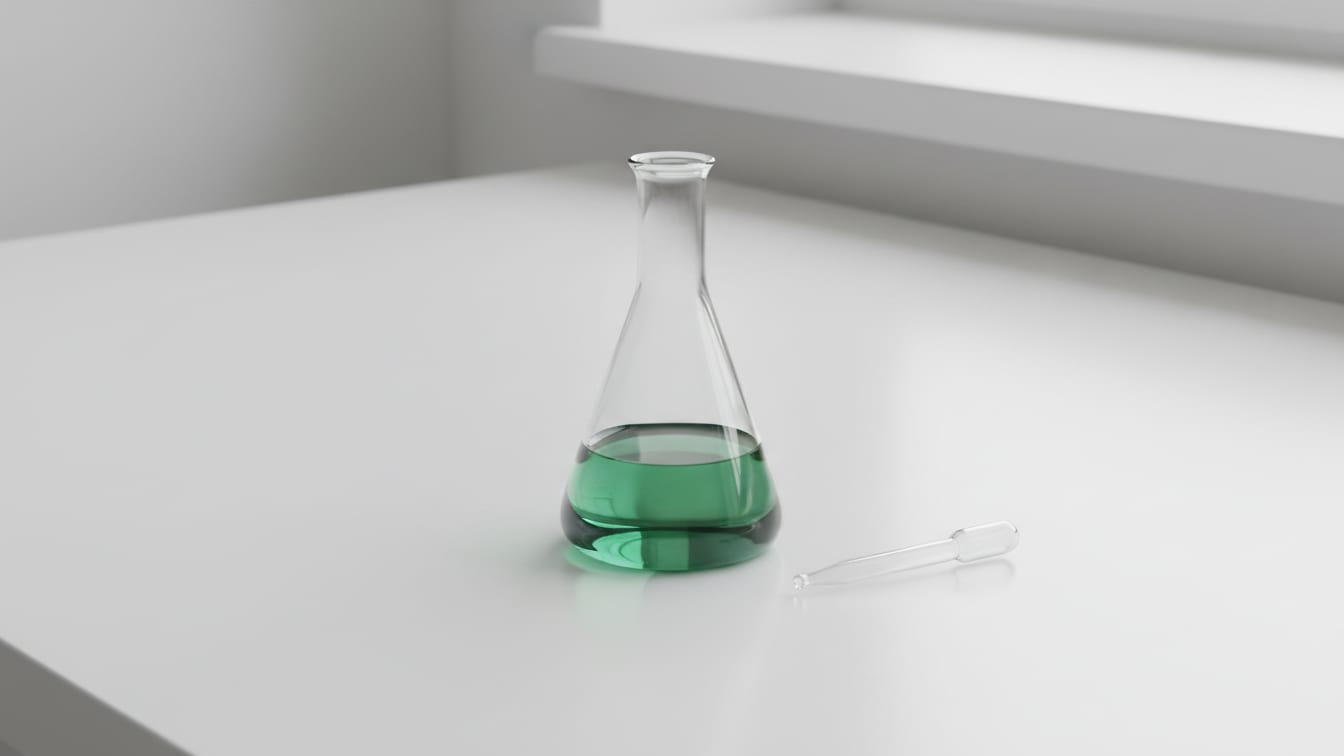 Illustration: A volumetric flask with pale green liquid on a white lab bench, with a glass dropper.