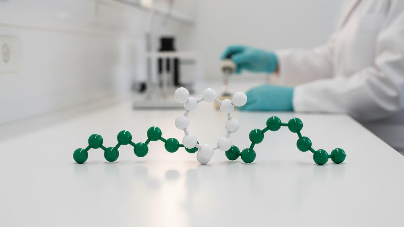 Illustration: A molecular model of daptomycin with a white ring and deep green tail on a white lab bench.