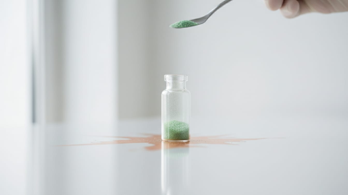 Illustration: A clear glass vial with pale green crystalline powder on a white lab bench, copper reflection.