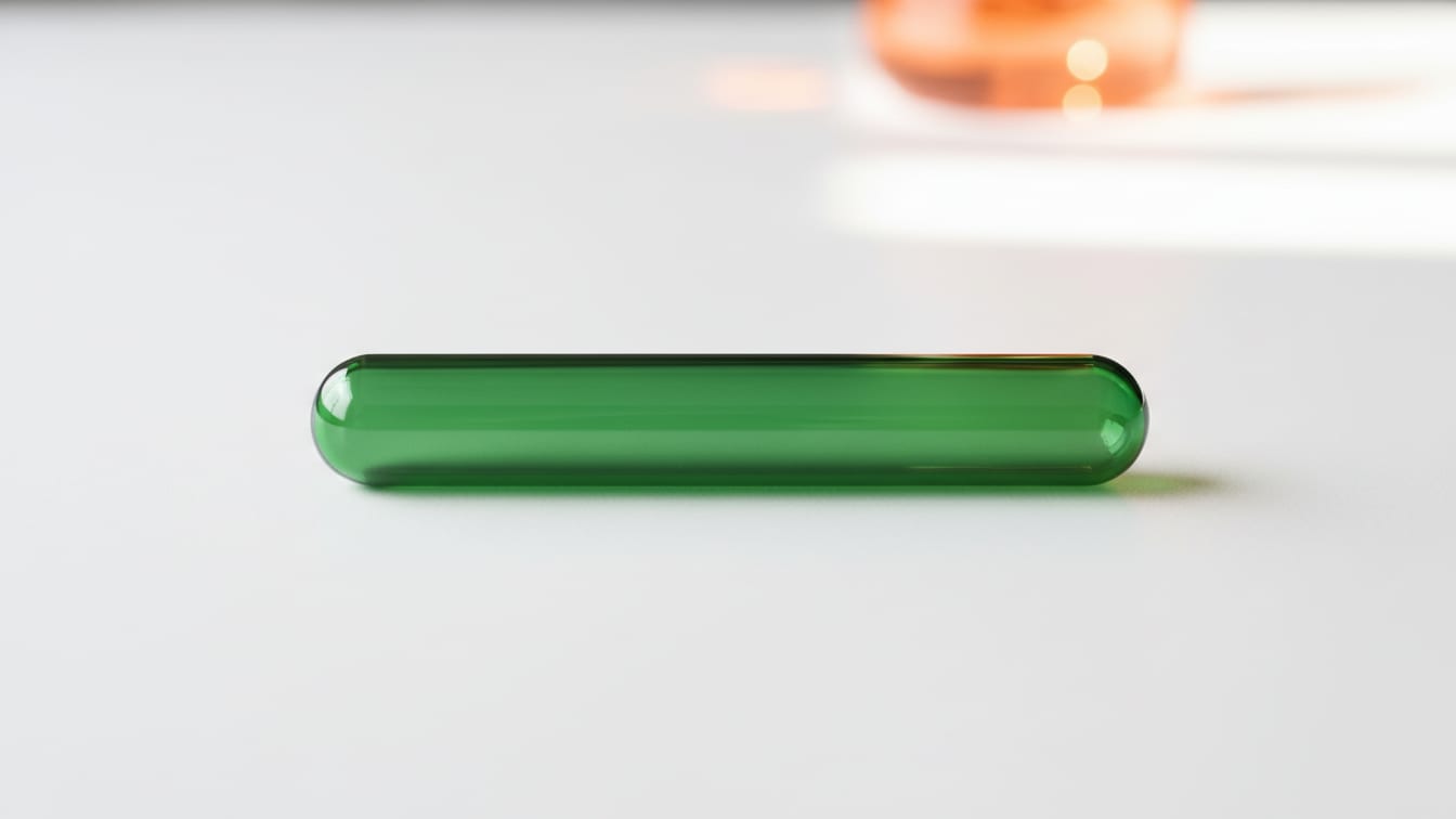 Illustration: A deep green glass test tube lies on a white surface with subtle copper reflections.