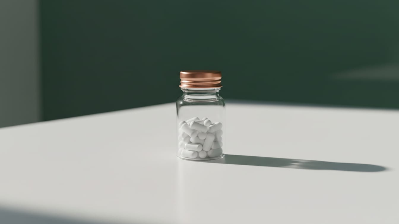 Illustration: A small, clear glass tablet bottle with a copper cap on a white surface, soft shadows.