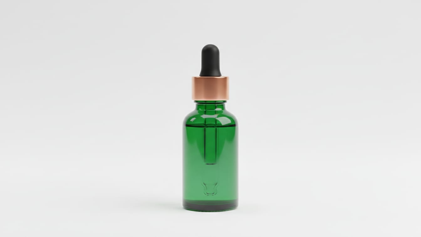 Illustration: A deep green glass dropper bottle on a white surface, containing a clear liquid.